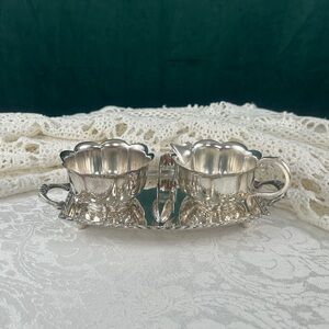 Vintage Silver Plated Flower Sugar and Creamer Set with Tray and Tongs